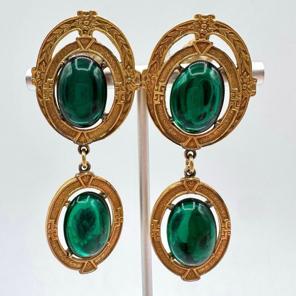 Vintage Byzantine Style Green Lucite Cabochon Clip On Earrings Regency Dramatic